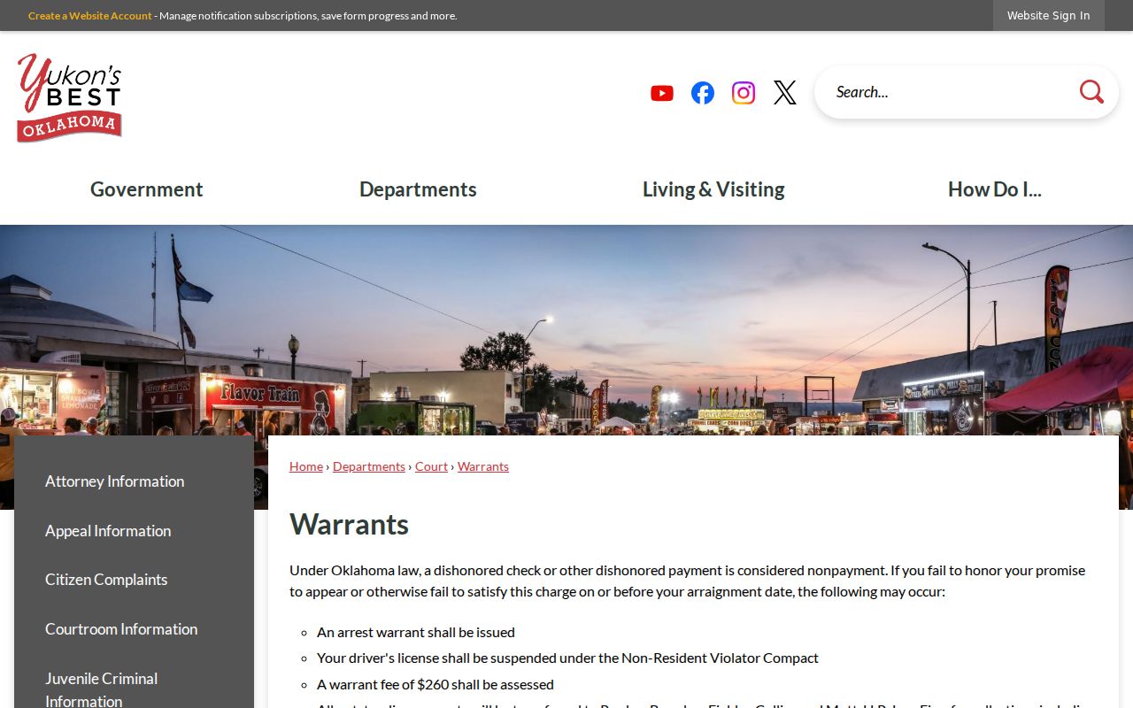 Yukon warrant fee information for Canadian County traffic warrants