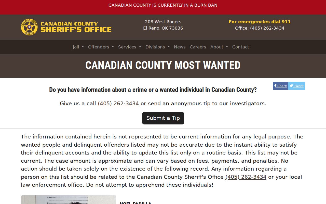 Canadian County Most Wanted program for warrant records